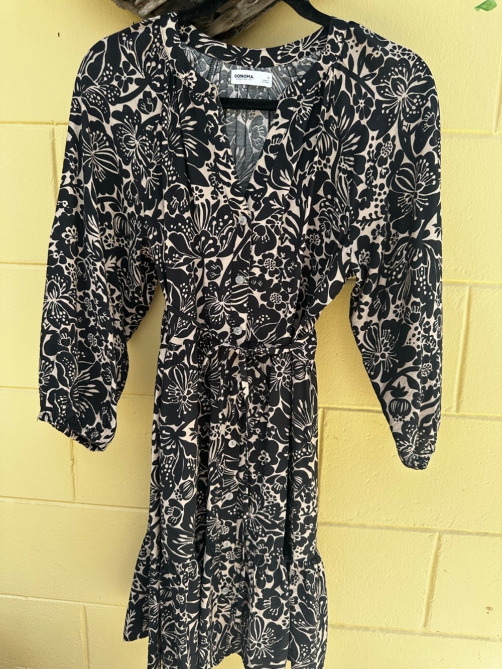 Sonoma Black and Cream Floral Midi Wrap-Style Dress. Worn once
